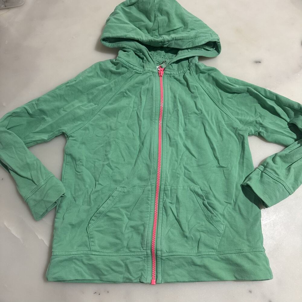 Mini Boden Full Zip Hoodie Sweatshirt Girl 9-10Y Green Pink Long Sleeve